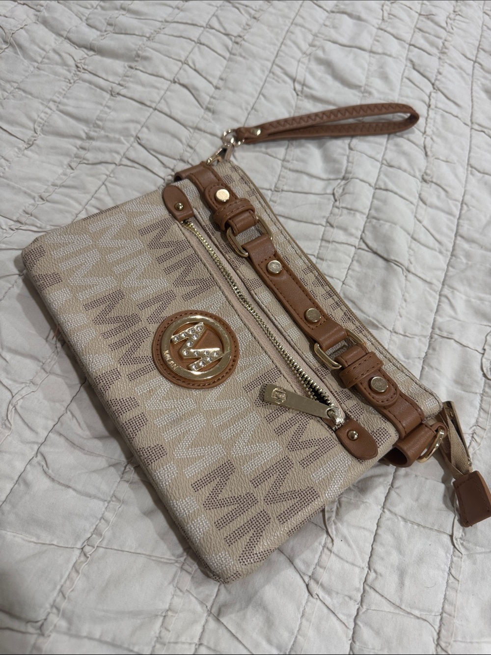Michael Kors Beige and Tan Monogram Wristlet Clutch with Gold Accents